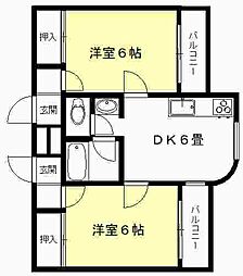 フローレスタ城の平 2DKの間取図画像