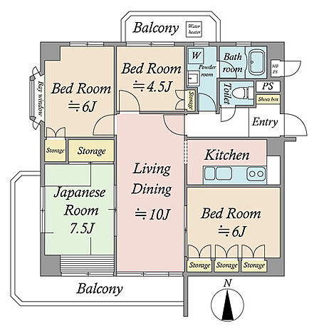 南向き4LDK・3方角住戸!廊下を抑えて居住スペースを有効利用したレイアウトです。