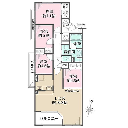 【4LDK+WIC】LDK約16.8帖、各洋室4.5帖以上の間取り 専有面積90m2超