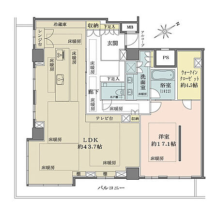 南東・南西向きの2面バルコニー付き、開放的な住空間。11か所に床暖房が搭載され、快適に過ごせます。