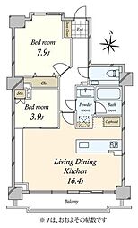 パルティール赤坂 2LDKの間取図画像
