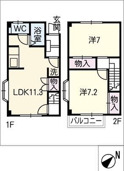 ノースカナルＡ ｜三重県津市一身田上津部田(賃貸タウンハウス2LDK・2階・59.85㎡)の写真 その2