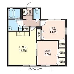 エクセルハイムA棟 2LDKの間取図画像