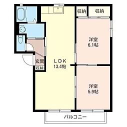 コーポオアシスB棟 2LDKの間取図画像