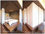 【洋室】寝室となるお部屋です。間仕切には障子のスライディングウォールを採用しており和のテイストを強調しております。コンセントや照明スイッチもグレードの高いものを採用しております。