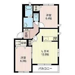 カーサティダーB 2LDKの間取図画像