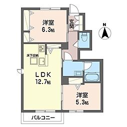 スカイフィールズD 2LDKの間取図画像