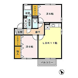 ベルサード　A 1階2LDKの間取り