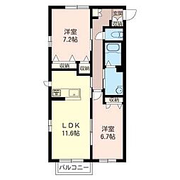 クレスト城 1階2LDKの間取り