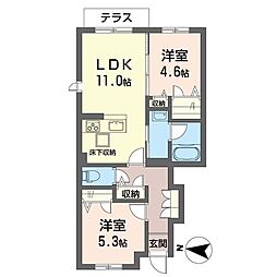 ヒルズ・カエモンB 2LDKの間取図画像