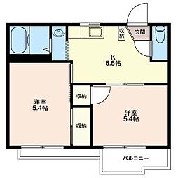 アシェンダハウスB 2Kの間取図画像