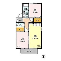 クロワール　I/II 2階2DKの間取り