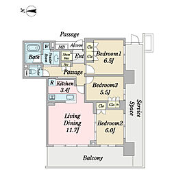 プラウド阪急塚口駅前 10階3LDKの間取り