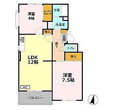 ヴァンベール山口A棟 3DKの間取図画像