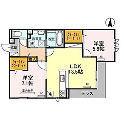 アーバンクロス 1階2LDKの間取り