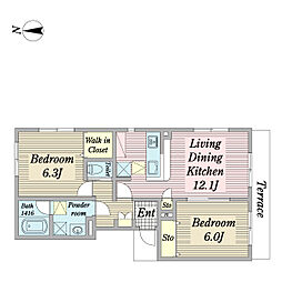 ラフィーネヴィラA 2LDKの間取図画像