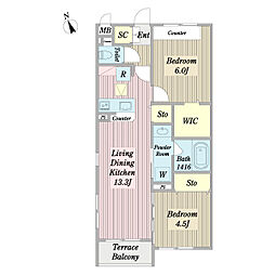 エールドゥヴィ 1階2LDKの間取り
