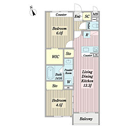 エールドゥヴィ 2階2LDKの間取り