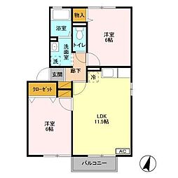 プリムヴェール壱番館 2LDKの間取図画像