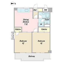 せきじんマンション2 2DKの間取図画像