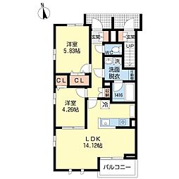 フルール野多目A 2LDKの間取図画像