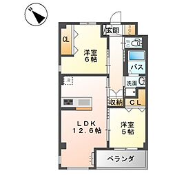 サンライズ小田部 2LDKの間取図画像