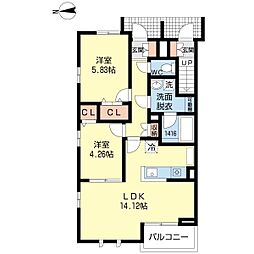 フルール野多目B 2LDKの間取図画像