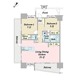 レーヴグランディてだこ浦西タワー 5階2LDKの間取り