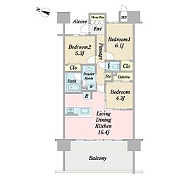 ジ・オーシャンテラス豊崎サンセットテラス 8階3LDKの間取り