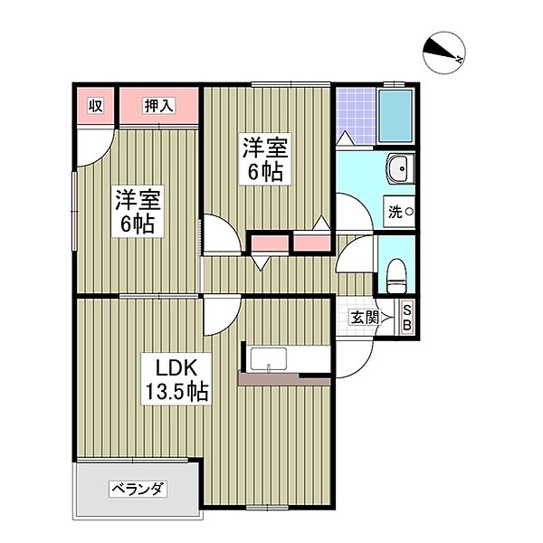 グランドハイツB棟 201｜埼玉県行田市門井町3丁目(賃貸アパート2LDK・2階・55.90㎡)の写真 その2