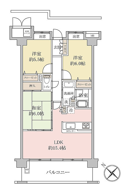 3LDK、専有面積70.4m2、バルコニー面積12.8m2