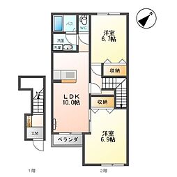 ボンヌール袋原 2階2LDKの間取り