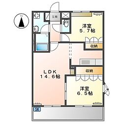 シェルル 2階2LDKの間取り