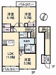 アムールＮ　Ｂ棟 2階3LDKの間取り