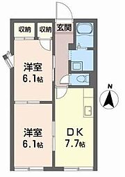 タウニィ井口北棟 2DKの間取図画像