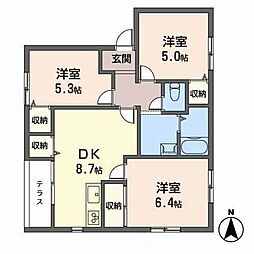 ランドヒル男山B棟 3DKの間取図画像