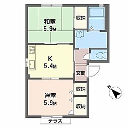 花水木タウンD棟 2Kの間取図画像