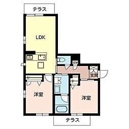 ピュアローレ 1階2LDKの間取り