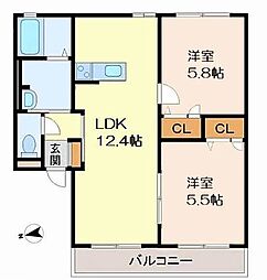 リッチンコートI 1階2LDKの間取り