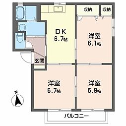 クレアールAA棟 3DKの間取図画像