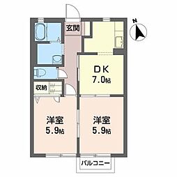 サニーハイツ西原 2DKの間取図画像