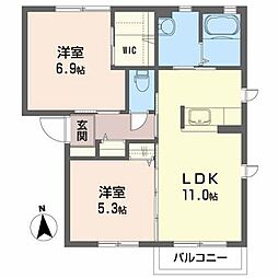 シャーメゾン堀口Ａ 2階2LDKの間取り