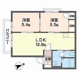 ヴァン・ヴェール 1階2LDKの間取り