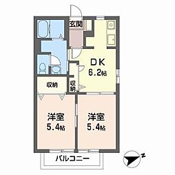 ハッピープレイスB棟 2DKの間取図画像
