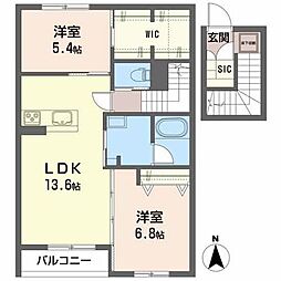 クレール富沢西B 2LDKの間取図画像