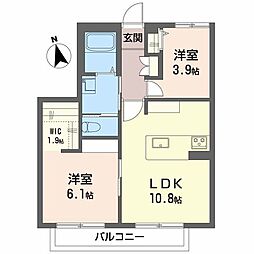 グランシード富沢B 2LDKの間取図画像