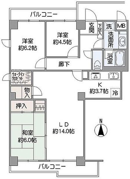 【間取図】LDは隣接する和室約6.0帖との一体利用が可能。キッチンは独立タイプが採用されています。玄関近くに洗面所があり、帰宅後すぐに手洗いができます。