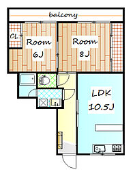 ひいらぎマンションNO.2 3階2LDKの間取り