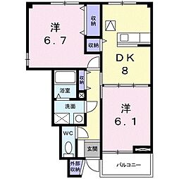 ルーラルブラッサム　A 1階2DKの間取り