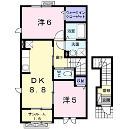 ジェルメ・ロ−ズII 2階2DKの間取り